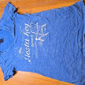 EMI‎ Women Large Blue Fiesta Key Beach V-neck Cotton Short Sleeve Fitted Shirt